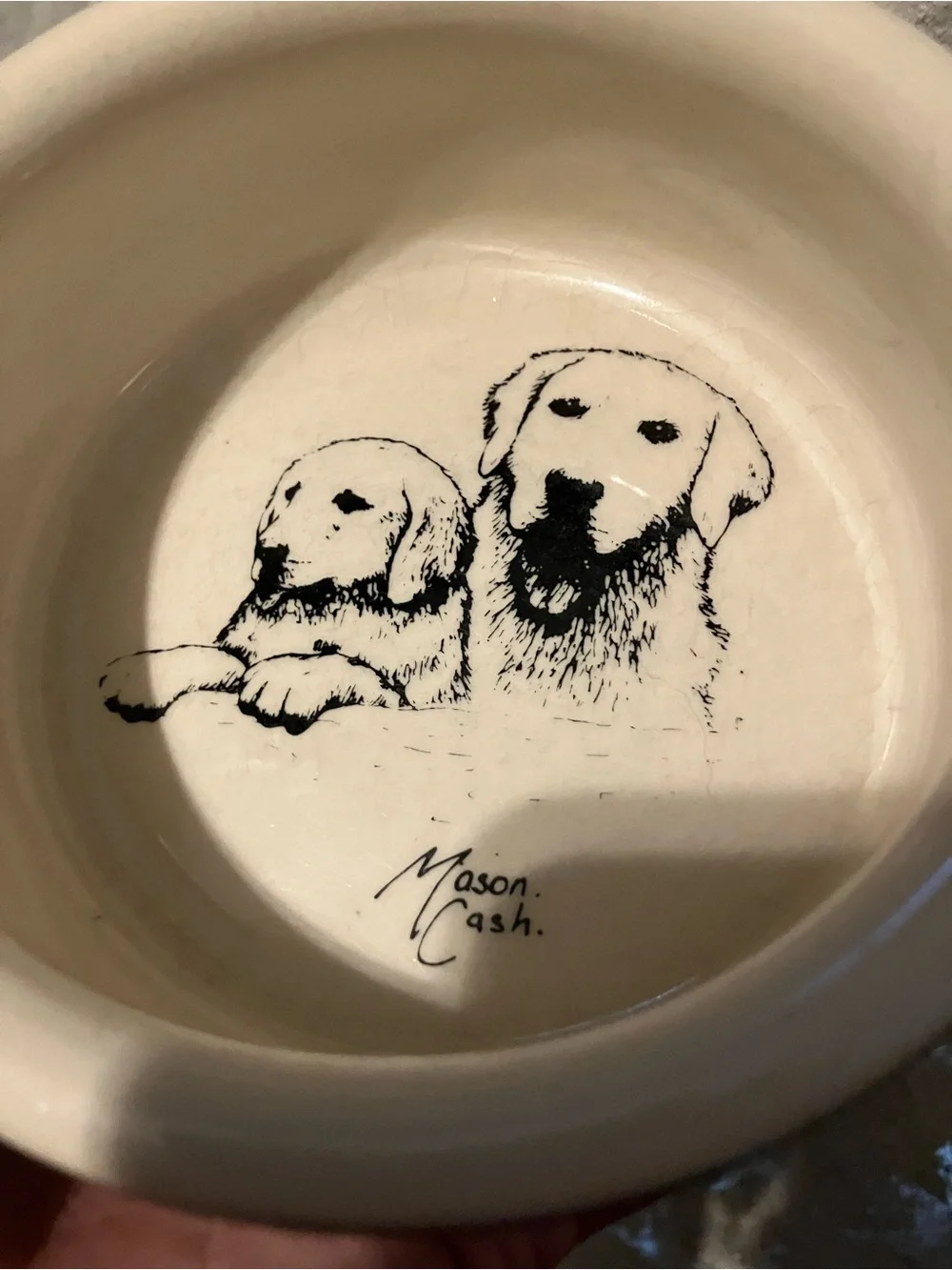 Mason Cash ceramic dog bowl featuring a Labrador retriever- Rare dark green